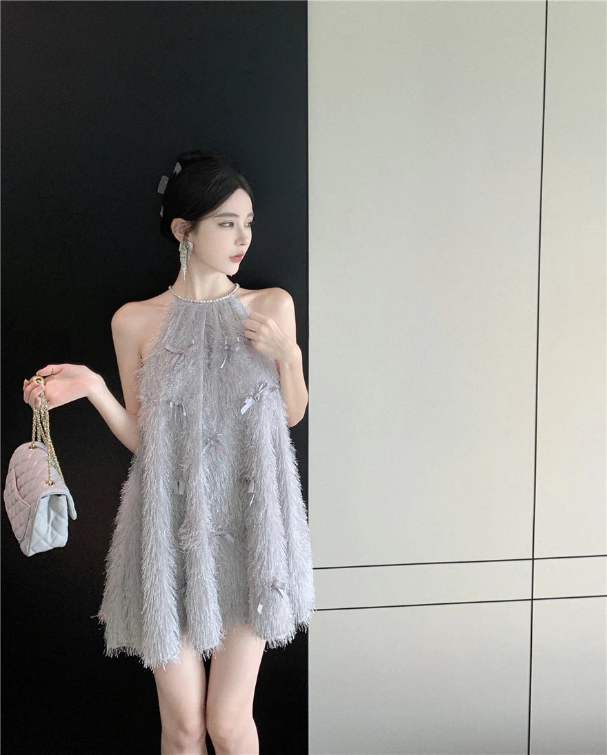 Elegant Women Halter Feather Bow Beaded Dress French Temperament Sleeveless Loose A-line Mini Dresses Fashion Party