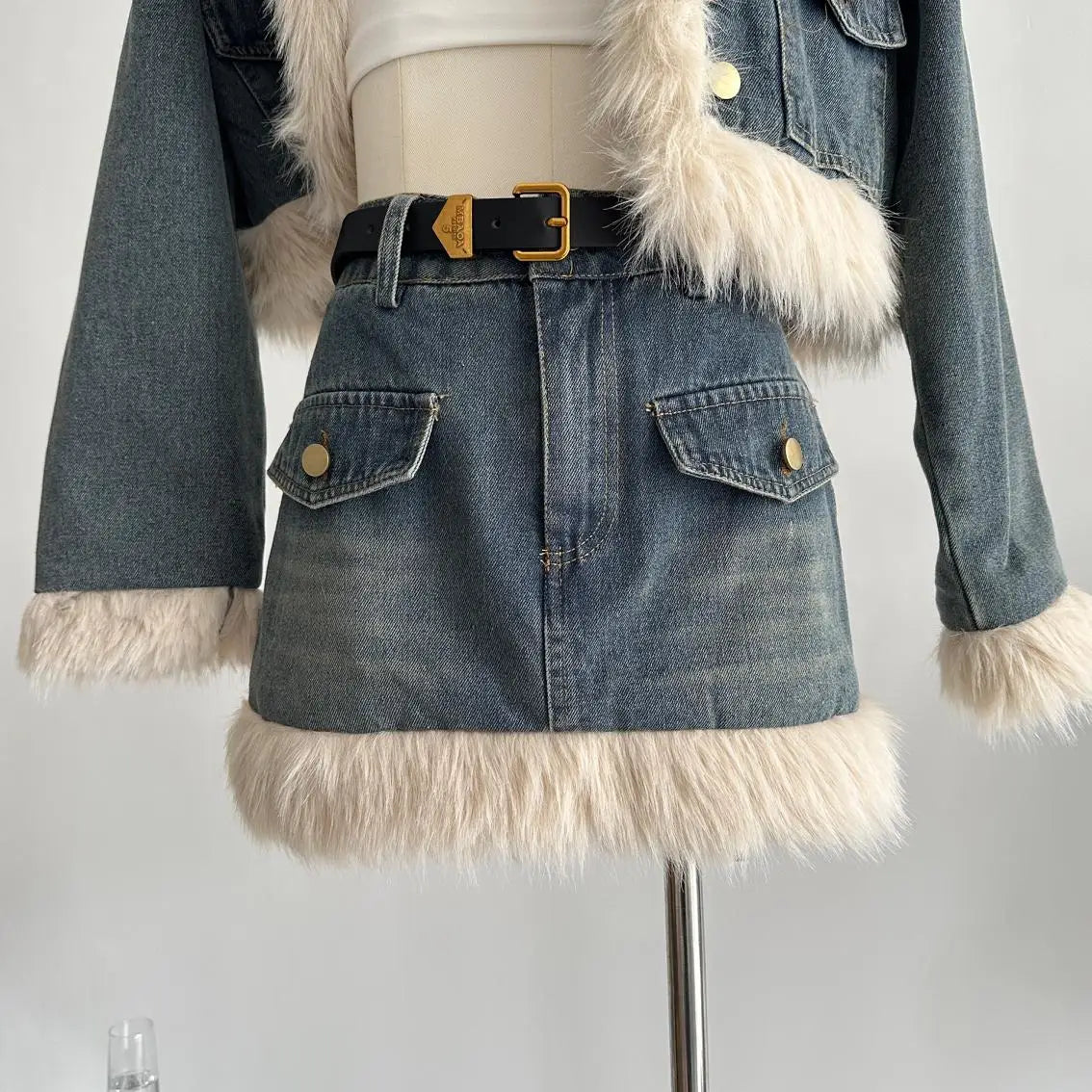 Otoño Invierno trajes de falda vaquera 2023 Denim patchwork Jeans abrigo mujeres High Sense High Street Sweet Cool conjuntos de dos piezas ropa