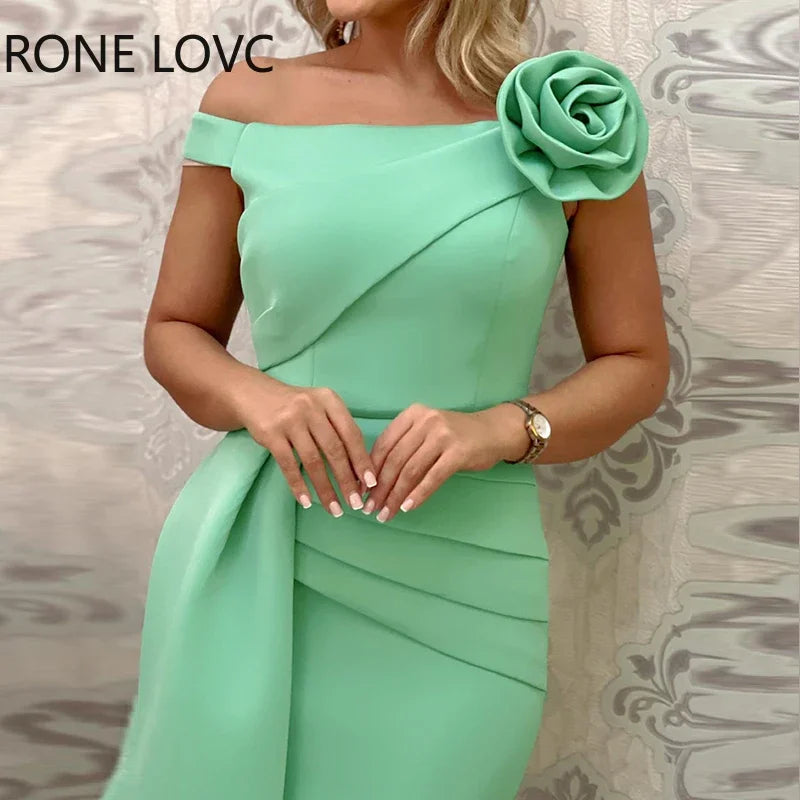 2023 Women Solid Elegant Off Shoulder Three Dimensional Floral Decor Midi Bodycon Formal Party Dresses