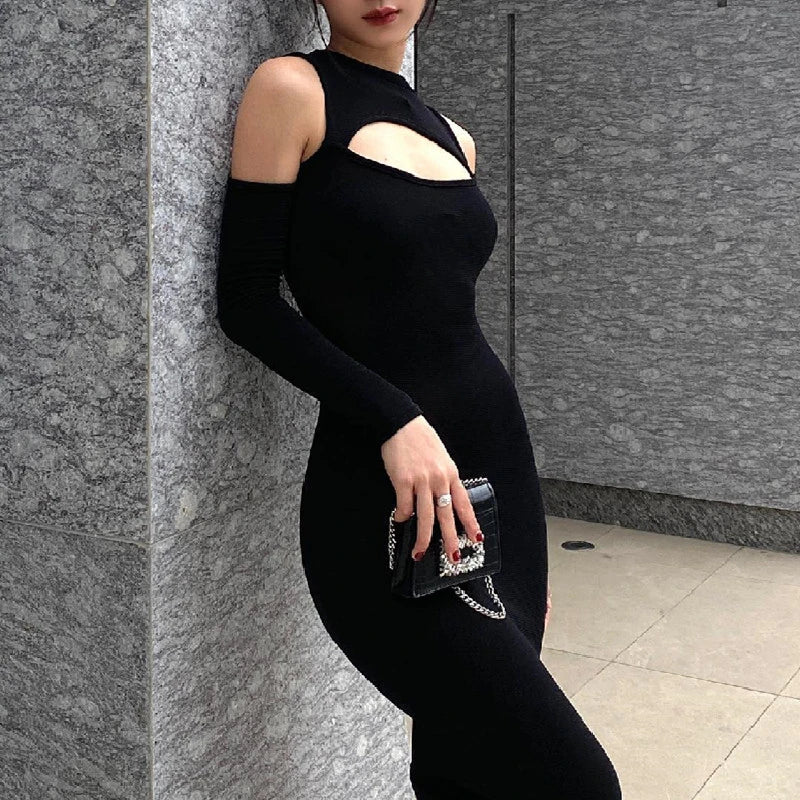 Xeemilo Elegant Hollowed Off Shoulder Maxi Dress Black Sexy Long Sleeve Split Dresses 2022 Women Slim Fitting Evening Party Robe