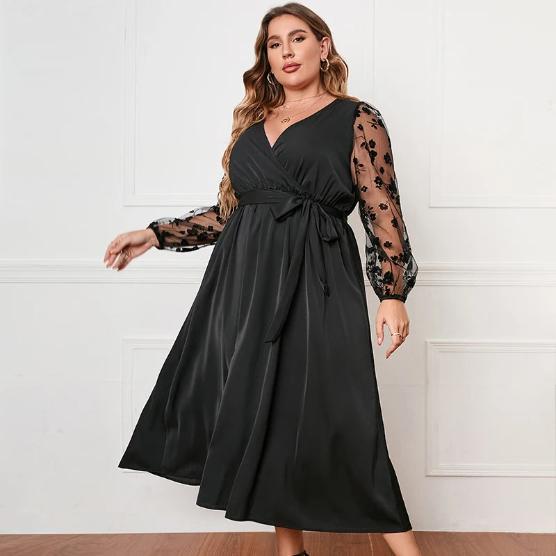 Della Mel grande taille femmes vêtements Sexy col en V dentelle manches longues robe Maxi dames élégant décontracté grande taille robes 3XL 4XL