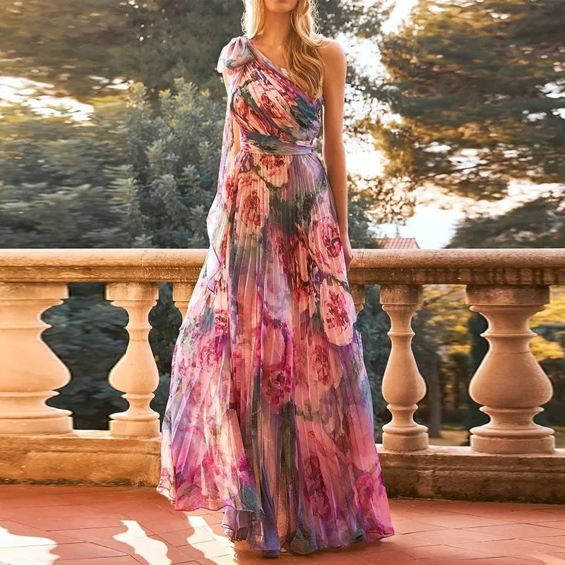 Vestido largo de un hombro con lazo para mujer, vestido largo plisado con estampado de flores a la moda, vestidos de fiesta con huecos sin espalda para verano 2023