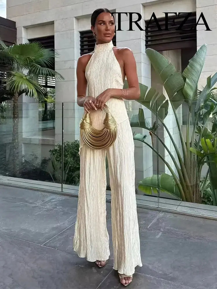 TRAFZA Suits For Women Fashion New Strapless Bare Waist Slim Cropped Tops + With Pleats Chic And Elegant Women's Wide Leg Pants