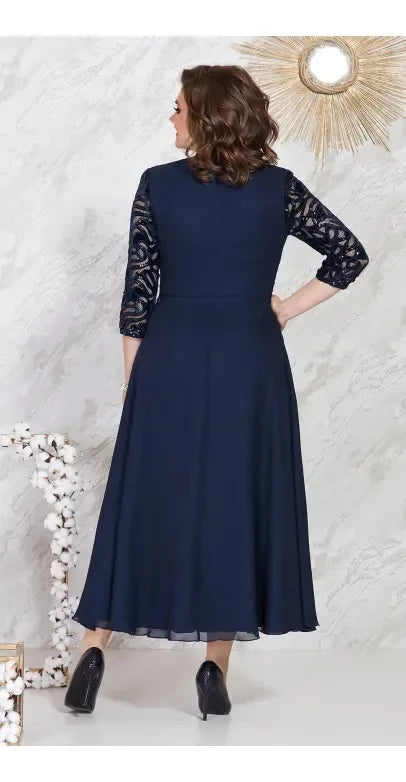 2023 Navy blue Night Party Elegant Dresses 5XL Summer 3/4 Sleeve O-Neck Lace Embroidery Patchwork Chiffon A-Line Midi Dress