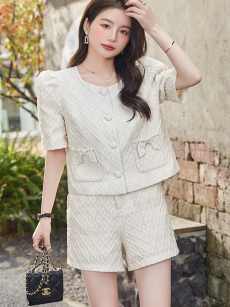 Women 2023 Summer Outfits Top And Shorts Two Piece Set New Matching White Suit Jacquard Fashion Korea Y2K Party Clothing