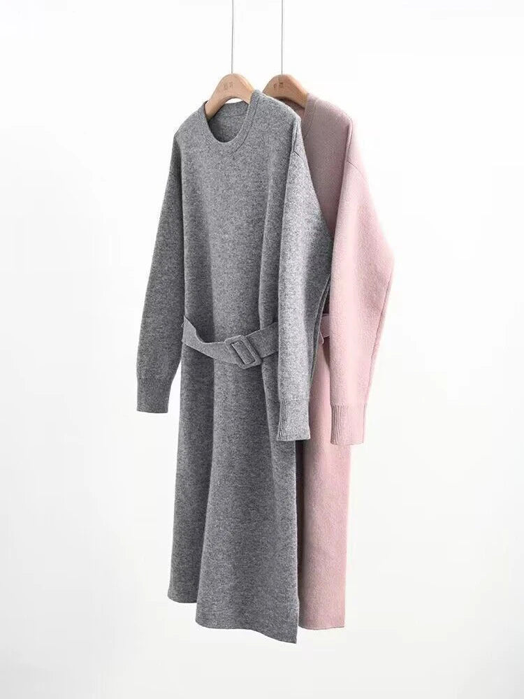 Robe tricotée mi-longue à col rond et manches longues pour femme, tenue de soirée élégante, rose, gris, ligne a, pull, collection automne hiver 2023