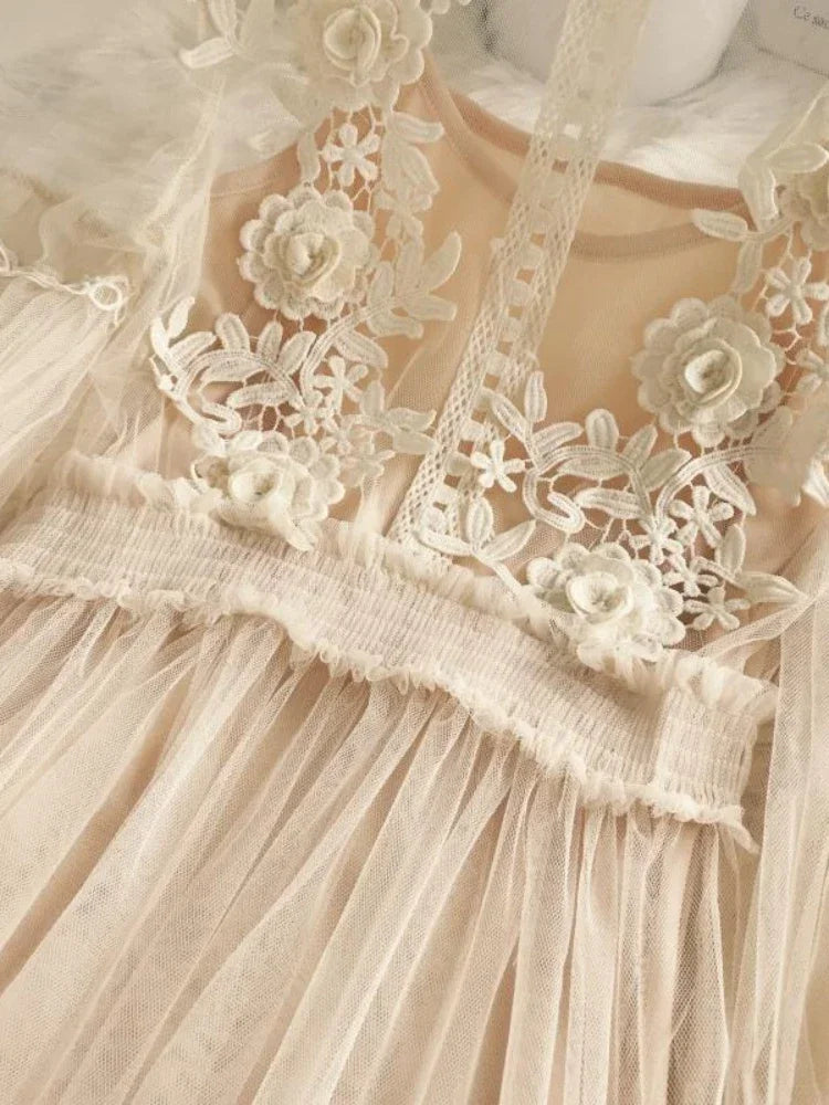 2023 New Women Party Lace Flower Dress Gauze Lantern Sleeve Voile Long Dress Female Retro Hook Princess Dress 2 Piece Set