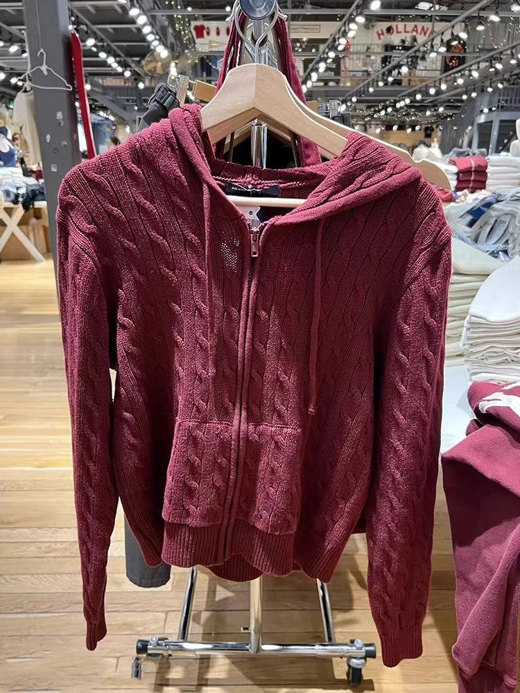 Cardigan tricoté torsadé à fermeture éclair pour femme, pull-over à capuche avec poches en coton, Streetwear, manteau, Vintage, doux, Slim, haut court, Y2k, automne