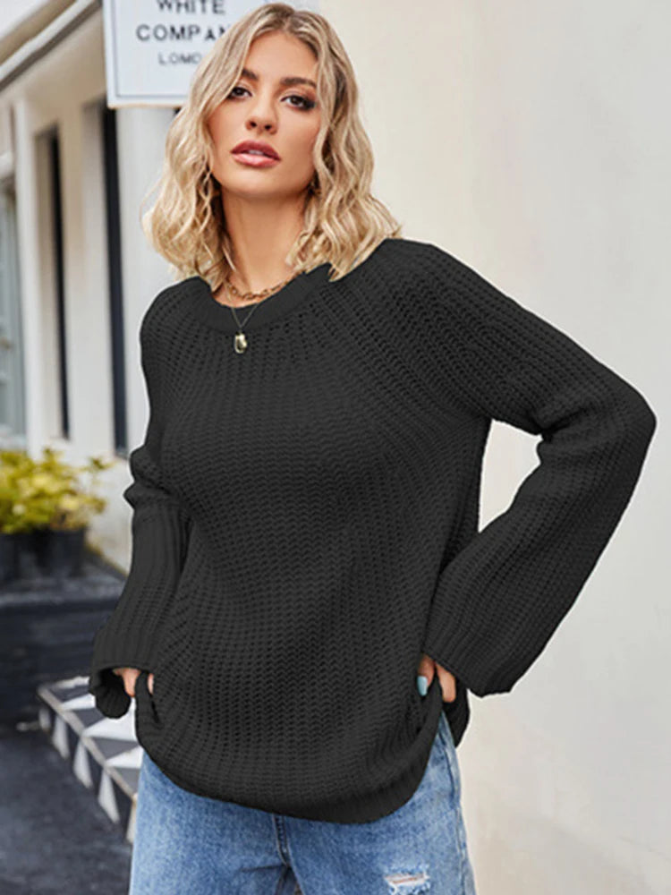 Pull à manches longues et col rond pour femme, élégant, basique, décontracté, couleur unie, doux, décontracté, pull, vêtements, nouveau