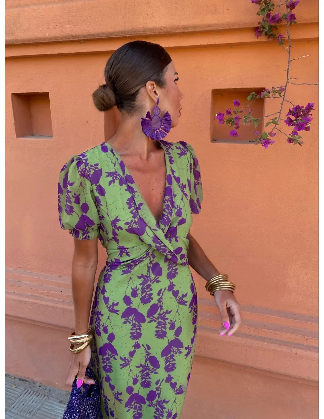 Elegant Skinny Print Twisted Women's Midi Dress Fashion V Neck Short Puff Sleeve Vestidos 2024 Summer Lady Holiday Chic Vestidos