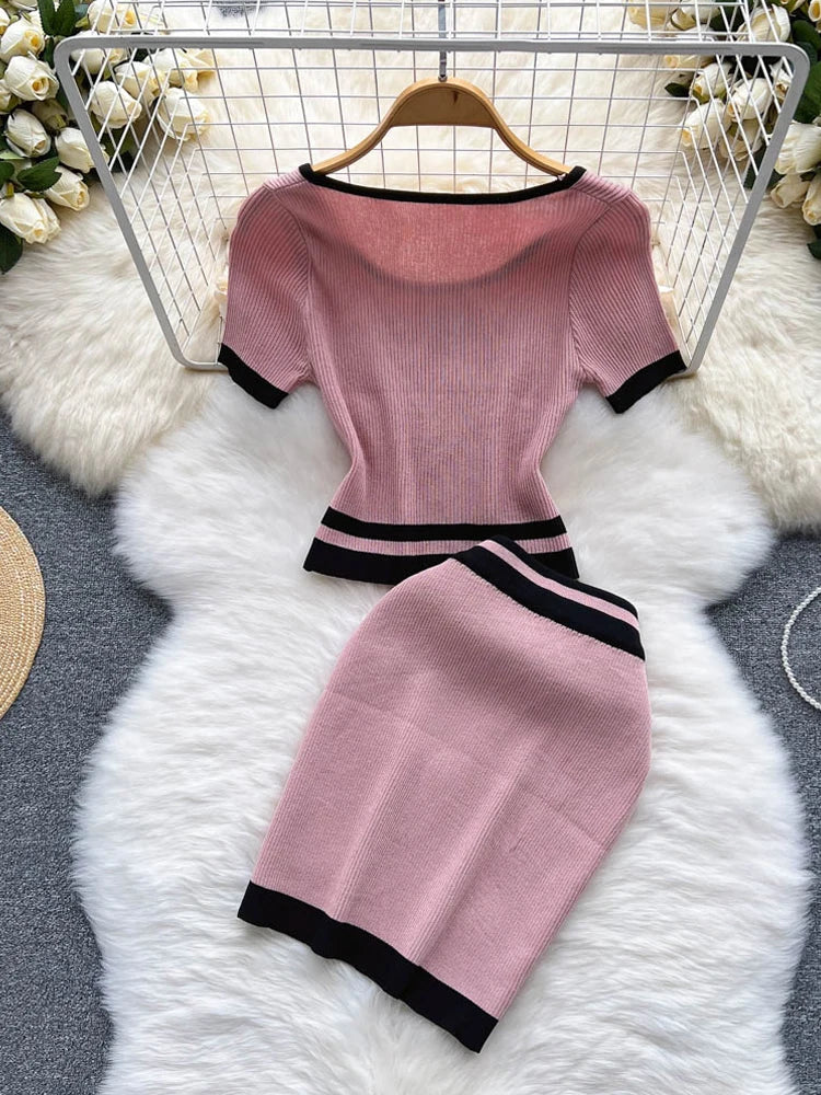 YuooMuoo Women Dress Set Korean Fashion Knitted Crop Tops + High Waist Skinny Mini Skirts Fashion Two Piece Suits Matching Set