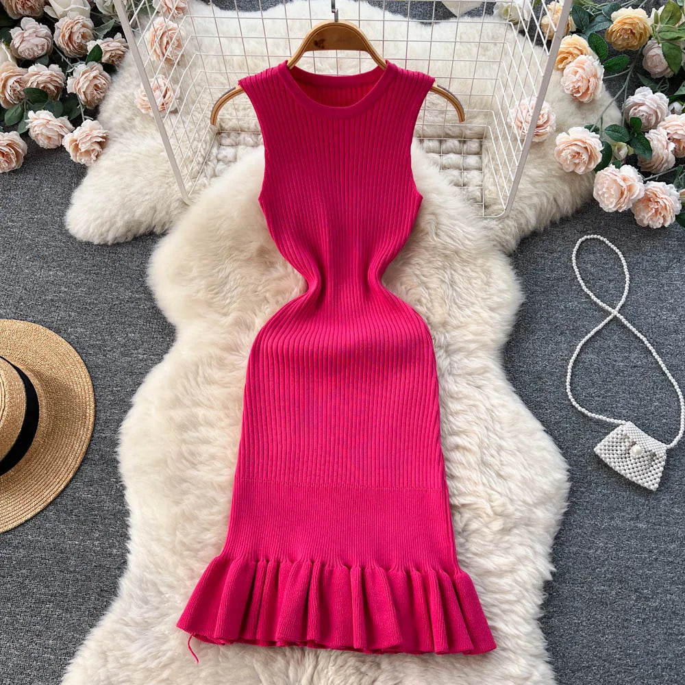 YuooMuoo-minivestido Sexy de otoño para principios de otoño, minivestido Sexy con volantes en las caderas, moda de verano Y2K, vestido ceñido de punto para mujer, Vestidos de fiesta coreanos