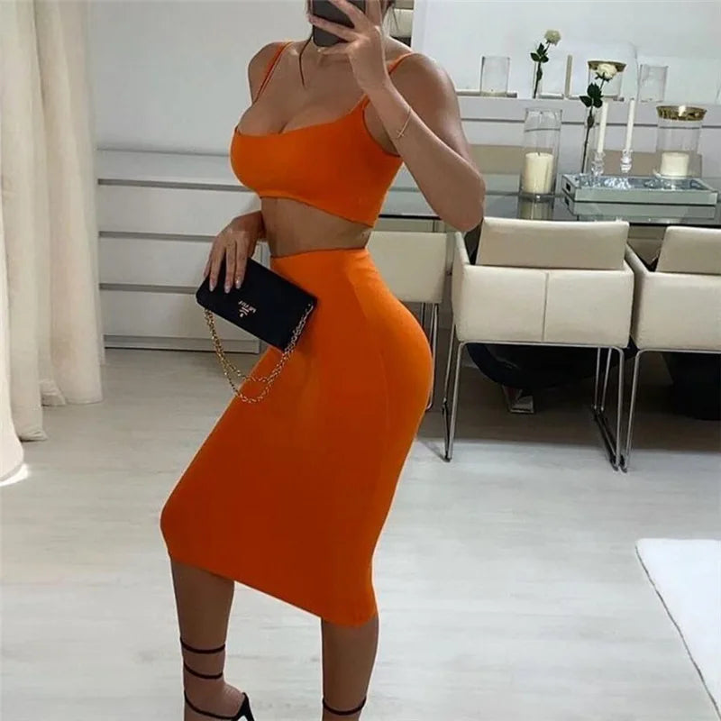 006 Women's Summer Dress Set Sexy Halter Crop Top Bodycon Skirt Set