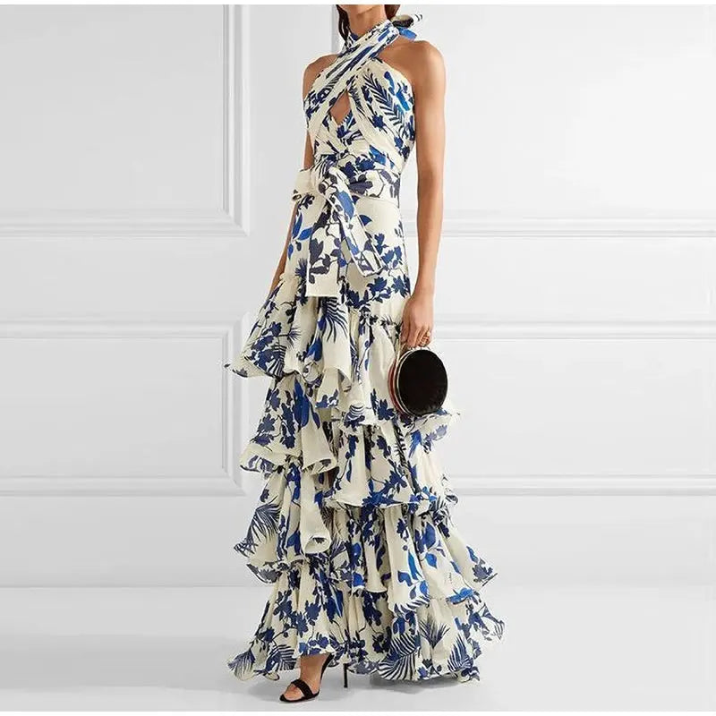 Elegant Women's Printed Vestidos Sleeveless Neck-mounted Female Formal Wear Aesthetic Layered Ruffled Hem Evening Party Dresses