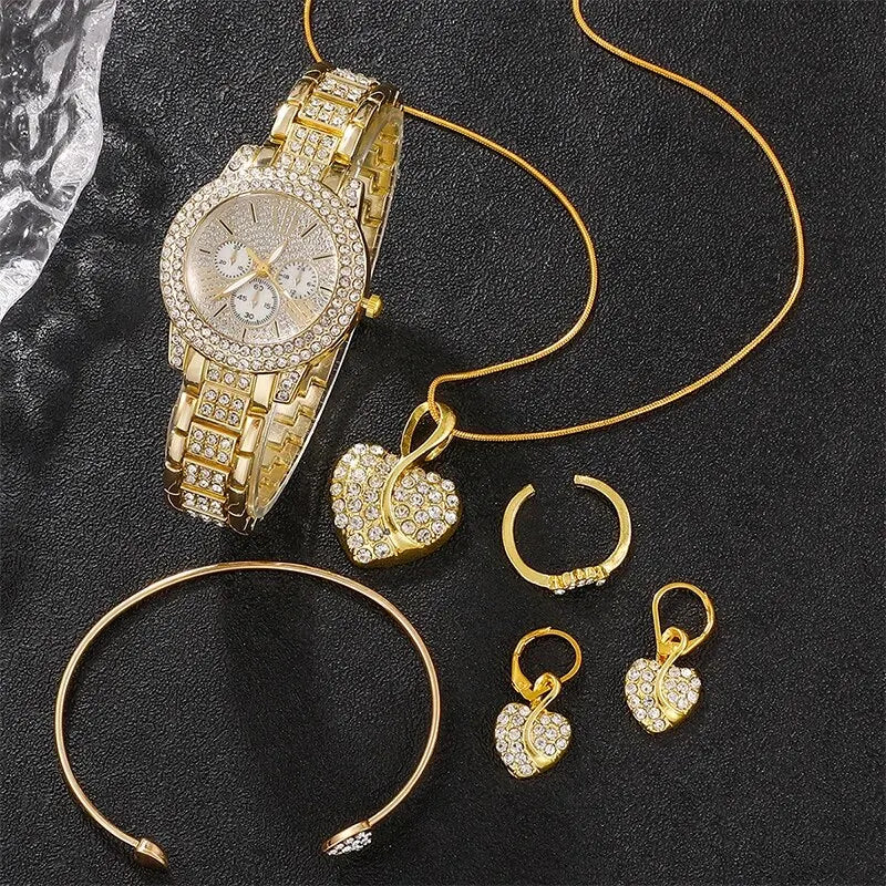 Reloj de cuarzo para mujer, anillo dorado de lujo para mujer, collar, pendiente, reloj de pulsera de moda con diamantes de imitación, relojes informales para mujer, conjunto de joyería