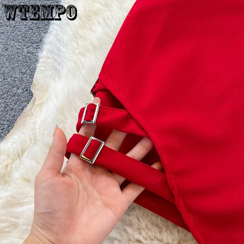 WTEMPO – robe d'été Sexy pour femmes, couleur unie, irrégulière, portefeuille de hanches, rouge, dos nu, col en v, taille haute, Slim, sans manches, robe de soirée