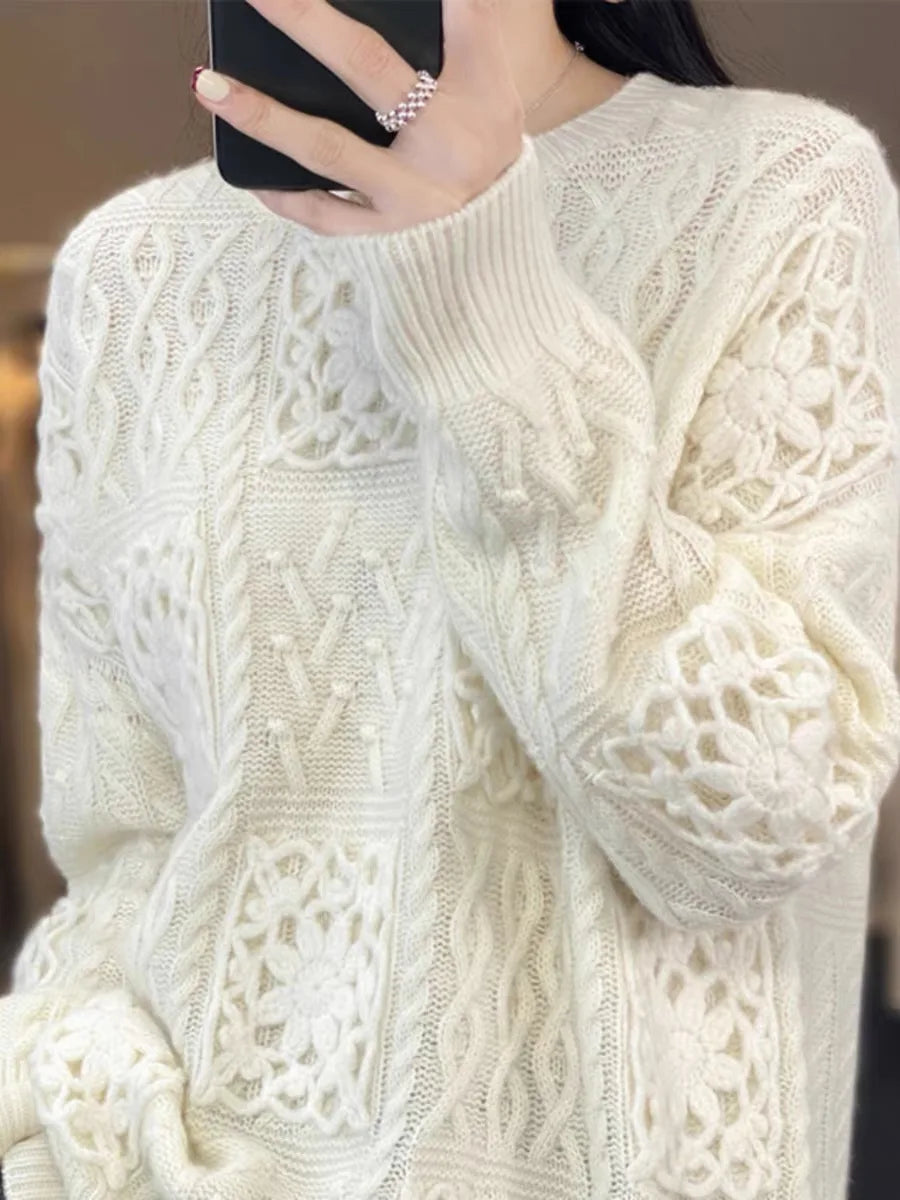 Y2k Cashmere Hollow out Loose fit Women's Sweater 100% Merino Wool Fashion Thickening Pullover Oversized Top Female 2023 New