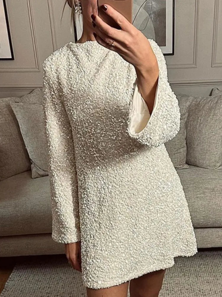 Elegant Shiny Sequin Mini Dress For Women Sexy Backless Bowknot Lace-up Long Sleeves Robes Fashion Evening Party Female Vestidos