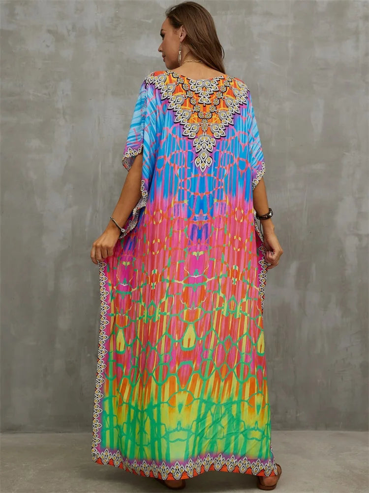 Gradient Multicolor Printed Sexy V Neck Long Dress Plus Size For Women 2023 Casual Summer Vacation Beach Wear Maxi Dresses Q1464