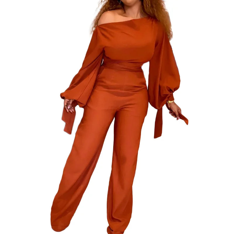 WSFEC S-3XL 2022 Winter Fall Outfits Evening Jumpsuits Women Clothing African Bubble Sleeve Diagonal Collar Wide Leg Bodysuit