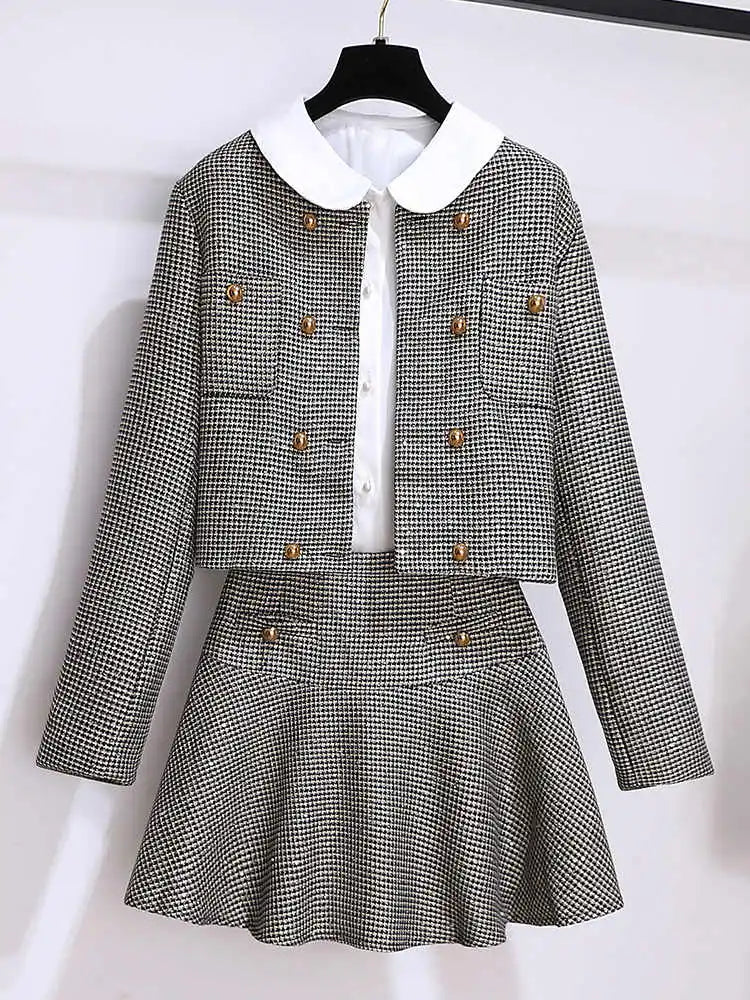 Uniforme JK Chic pour femmes, costume à carreaux, veste, manteau, petit haut blanc et jupe trapèze, ensemble trois pièces, tenue à paillettes, vêtements Vintage 2023