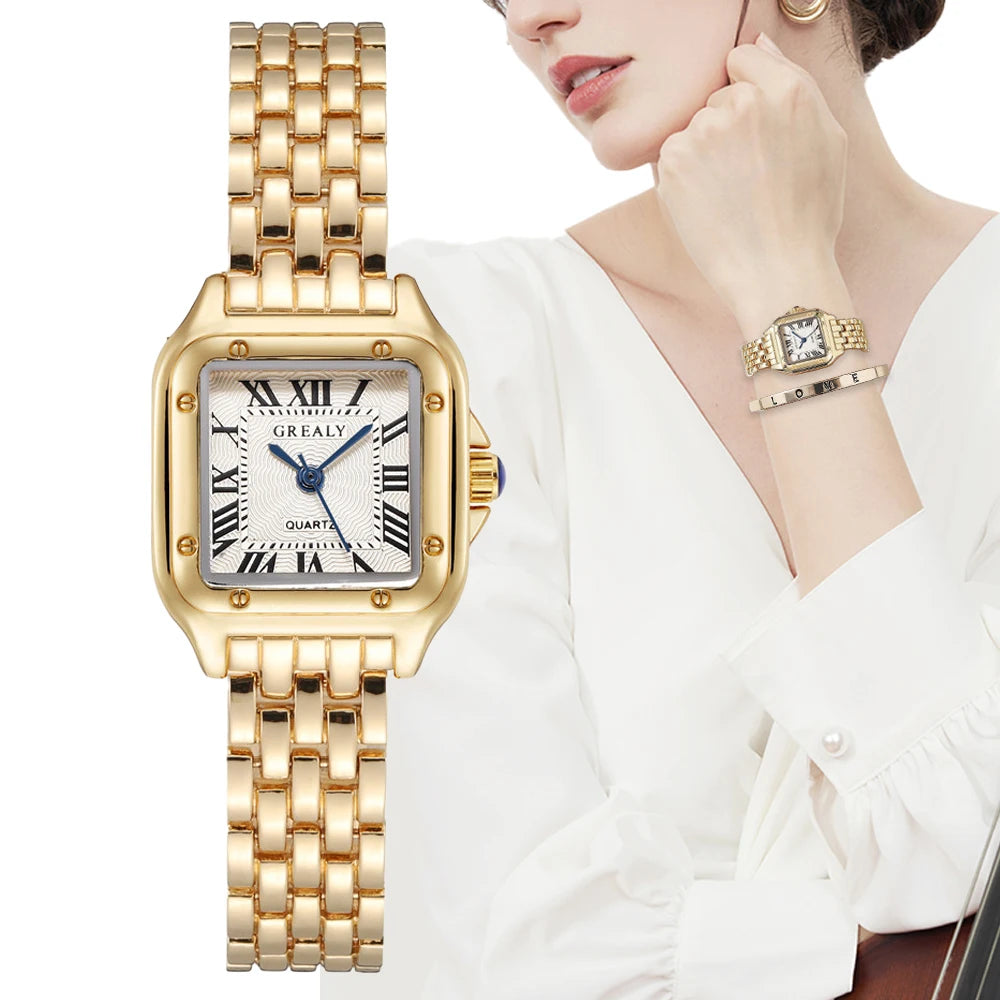 Montres carrées à Quartz pour femmes, bracelet en alliage d'or, de luxe, qualité féminine, échelle romaine, 2023