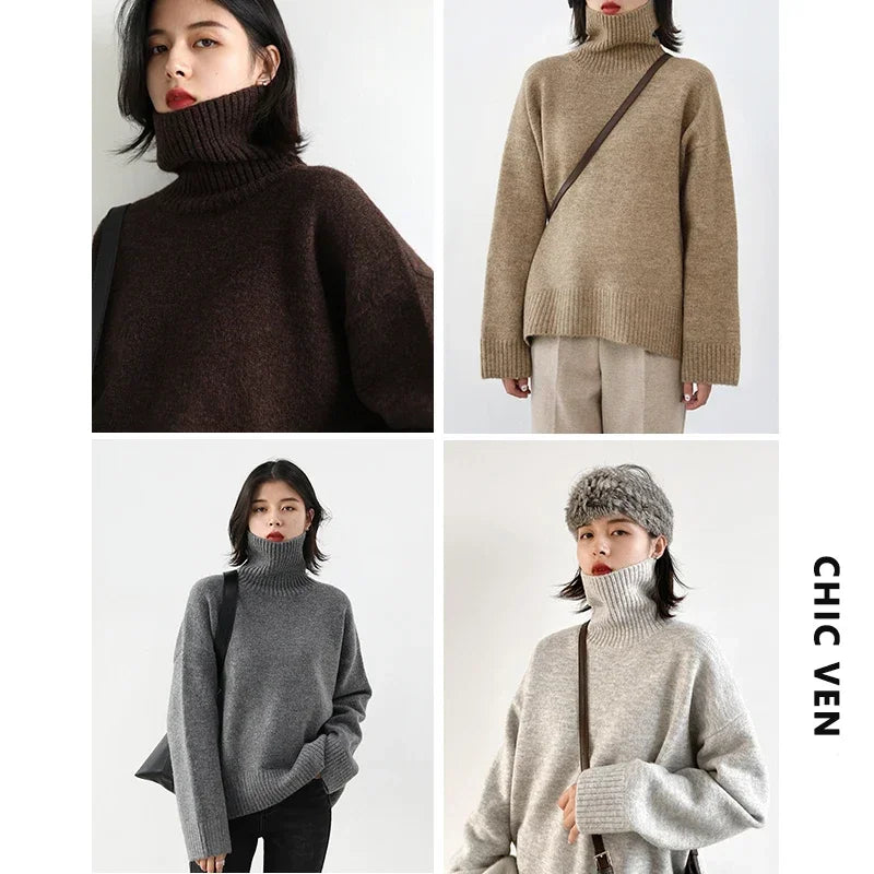 CHIC VEN – pull coréen à col roulé pour femme, ample, chaud, résistant, tricot, basique, hauts féminins, automne hiver 2022