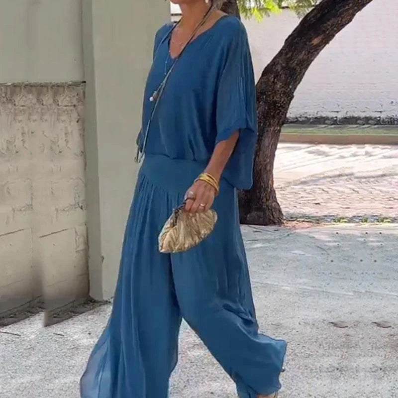 Elegant Chiffon Wide-leg Pants Two-piece Set Women 2024 Spring Half Sleeve Solid Loose Outfit Summer V Neck Backless Casual Suit