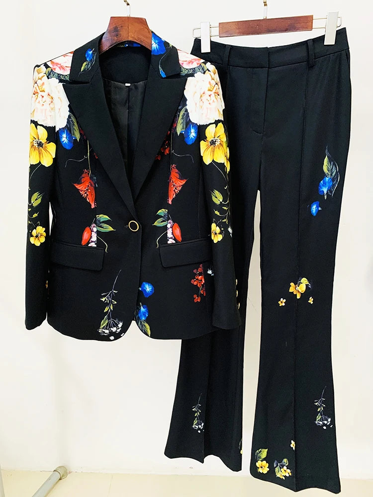 Costume de styliste pour femmes, ensemble 2 pièces, Blazer imprimé Floral, bouton unique, pantalon évasé, de haute qualité, nouvelle collection 2024