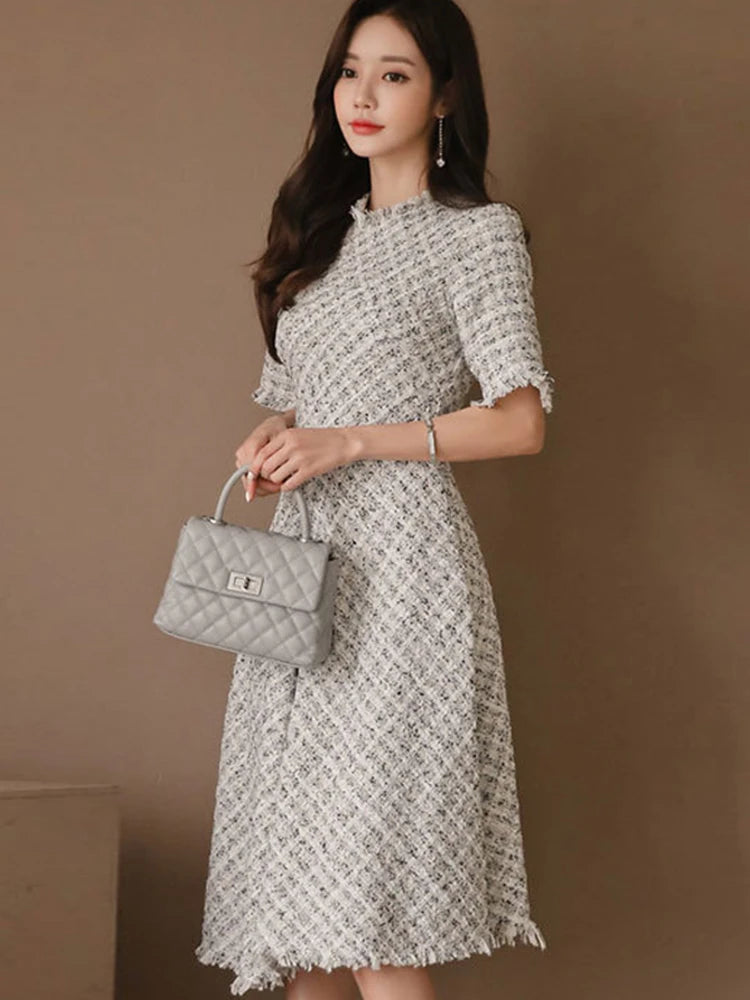 Robe mi-longue en Tweed pour femmes, mode coréenne élégante, luxe, Chic, décontractée, à carreaux, Slim, Robe de soirée