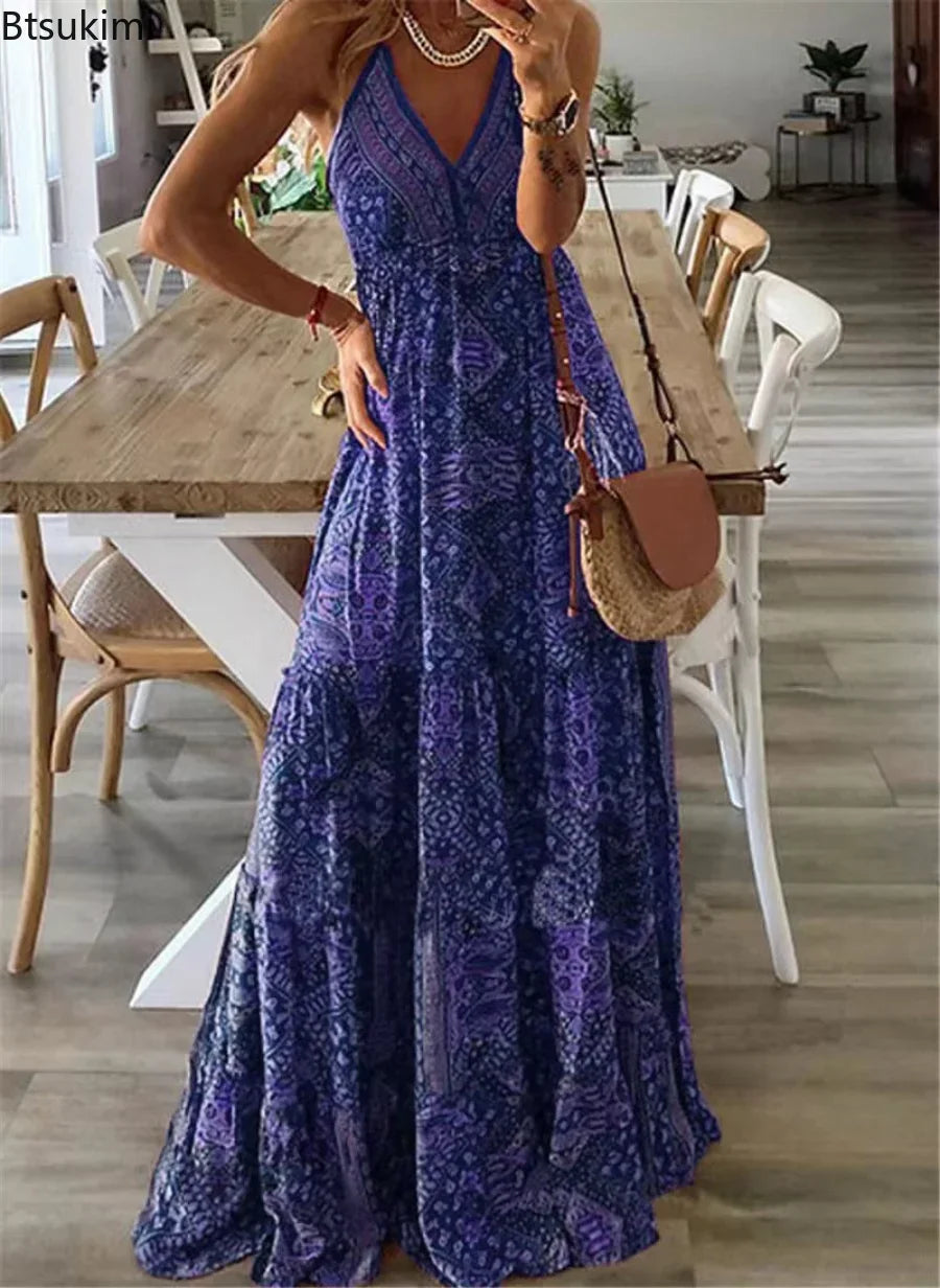 Robe longue style Boho pour femmes, tenue de soirée élégante, col en V, Vintage imprimé, sans manches, Sexy, Slim, Maxi, robe de plage, été, 2024