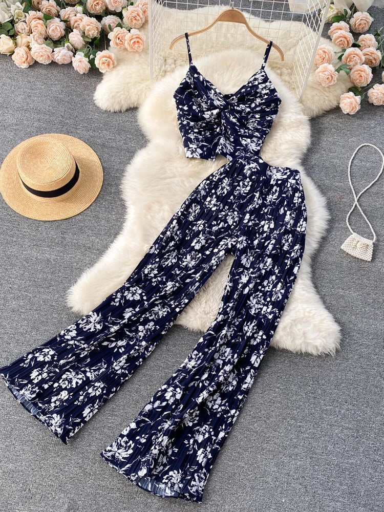 Women Summer Casual Pants Suit 2 Piece Set Female Floral Print Sleeveless Top & Wide Leg Pants Female Fashion Outfit