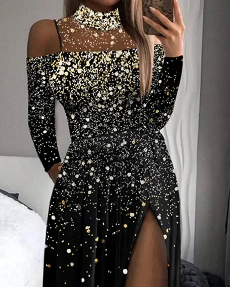 Women Jumpsuit Print Ombre High Slit Mesh Evening Dress Women Long Slim Floor Length Dress High Waist Party O Neck