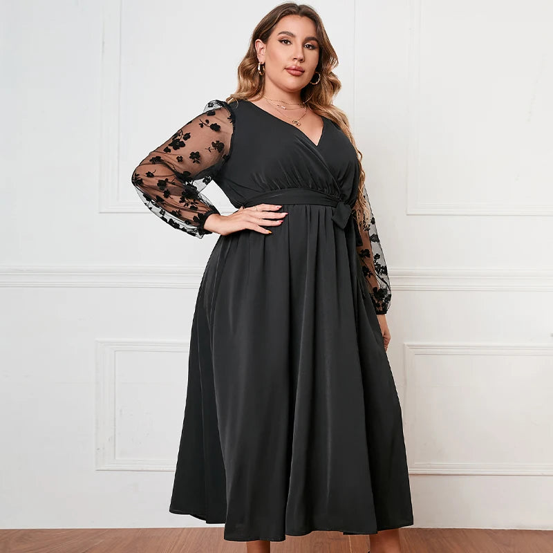 Della Mel grande taille femmes vêtements Sexy col en V dentelle manches longues robe Maxi dames élégant décontracté grande taille robes 3XL 4XL