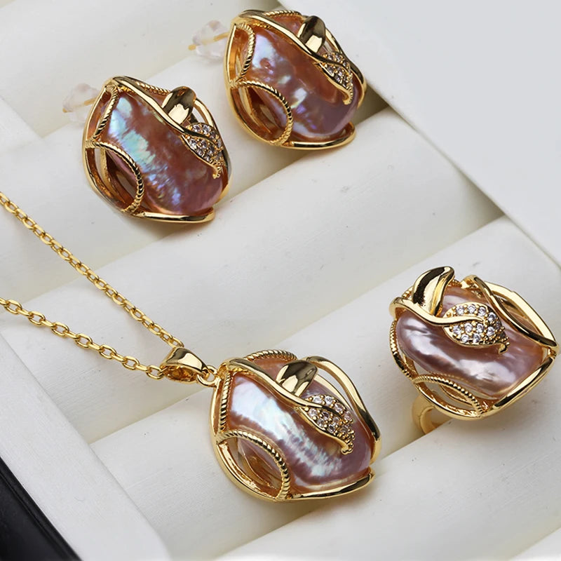 2023 New Natural Freshwater Pearl Necklace Earrings For Women,Big Baroque Pearl Jewelry Sets 18K Gold Plating  Wedding Gift