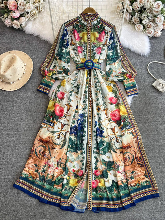 2024 Fashion Chiffon Gorgeous Flower Print Maxi Dress Women's Stand Single Breasted Long Lantern Sleeve Belt Boho Robe Vestidos