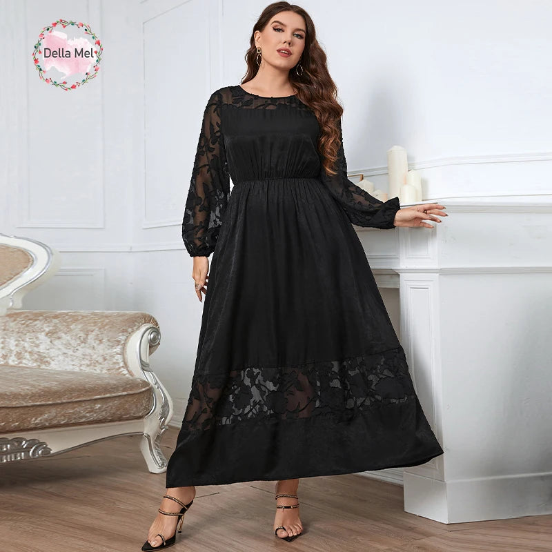 Della Mel Ropa de talla grande para mujer, vestido negro con cuello redondo y mangas largas de encaje, vestidos elegantes informales de talla grande 3XL 4XL