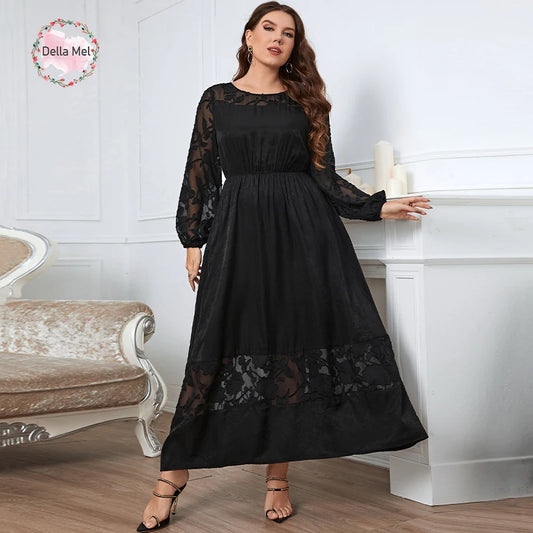 Della Mel Plus Size Women Clothing Black O Neck Lace Long Sleeves Maxi Dress Ladies Elegant Casual Large Size Dresses 3XL 4XL