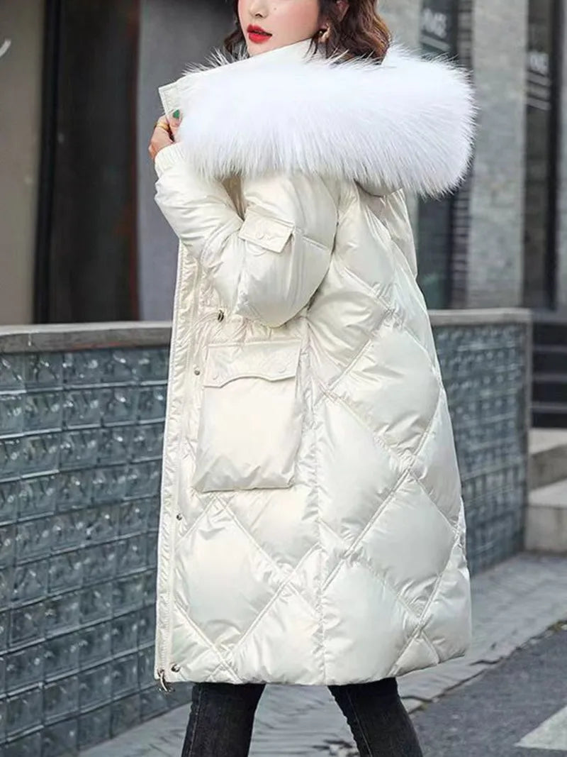 Veste longue à capuche avec col en fourrure pour femme, parka épaisse et chaude, rembourrée en coton, manteau décontracté, collection automne-hiver 2023