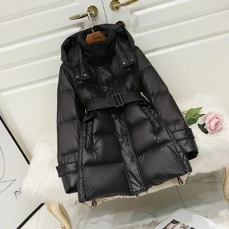 2024 New Chic Winter Down Jacket Women Clothing Fashion Middle Long Waist Black Puff s High-end Female Abrigos