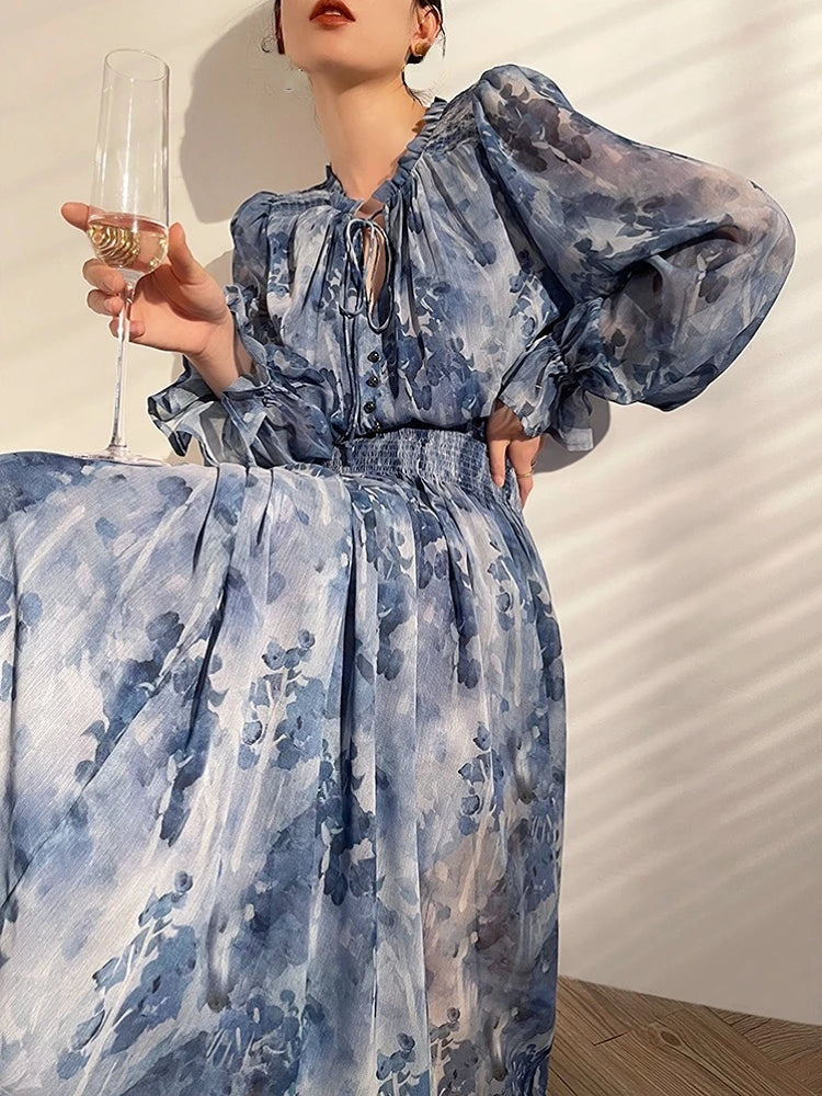 French Vintage Long Sleeve Fairy Dress Women Slim Fashion Floral Midi Dress Beach Casual Korean Style Dresses Female 2023 Summer