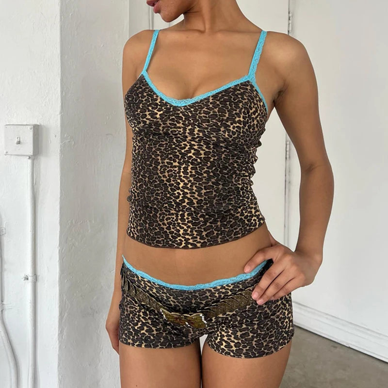 90s Rave Leopard Print 2 Piece Set Lace Trim Spaghetti Strap Camis + Shorts Y2K Vintage Crop Tops Sexy Club Party Matching Suit