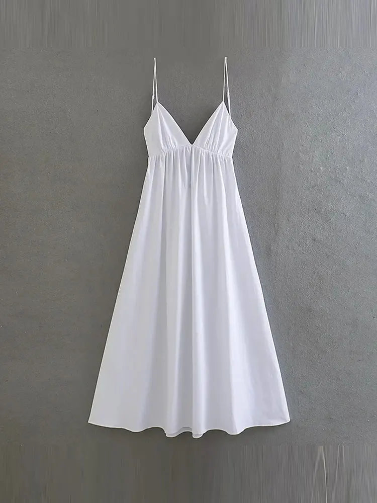 TRAF 2023 Summer White Long Dresses For Women Slip Dress Sexy Backless Sleeveless Dress Ladies Holiday Casual Midi Dress