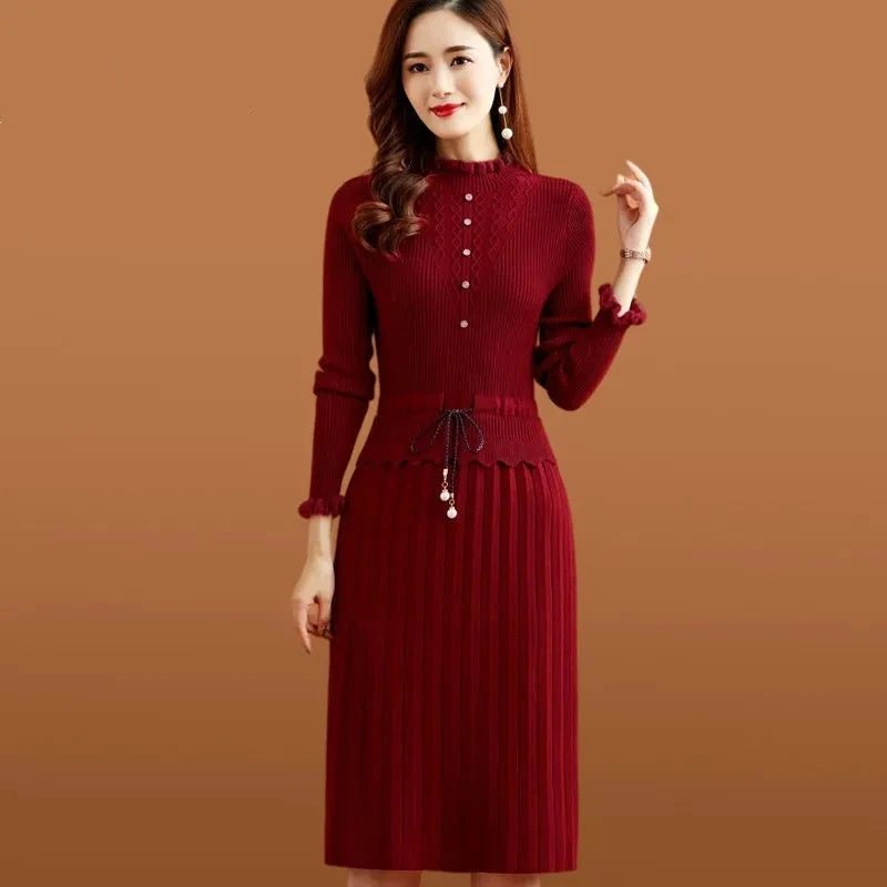 Casual Fake Two Pieces Pleated Knitted Dress Women Vintage Long Sleeve Bottoming Sweater Dresses Fall Elegant Slim Midi Vestidos