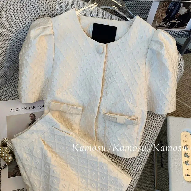 Women 2023 Summer Outfits Top And Shorts Two Piece Set New Matching White Suit Jacquard Fashion Korea Y2K Party Clothing