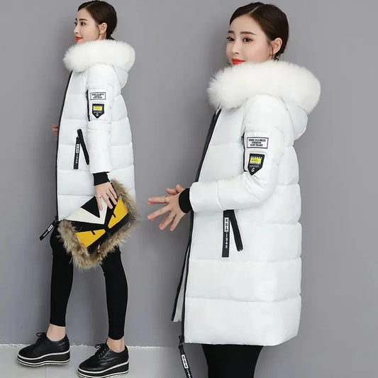 Fashion Fur Collar Hooded Down Cotton Coat Womens Winter Parkas Jacket Long Warm Padded Puffer Parkas Snow Wear Outwear Female