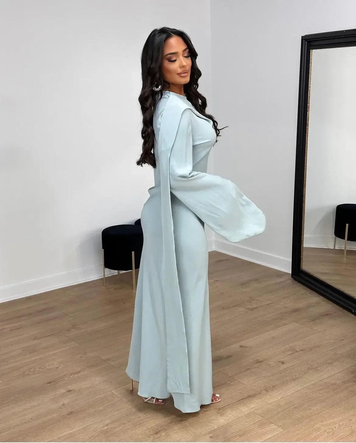 Spring Summer Fashion Solid Fishtail Dress Muslim Women Elegant Ribbon Flare Sleeves Slim Long Dress Women