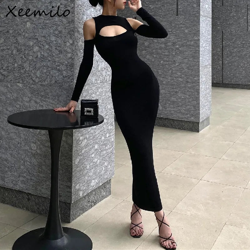 Xeemilo Elegant Hollowed Off Shoulder Maxi Dress Black Sexy Long Sleeve Split Dresses 2022 Women Slim Fitting Evening Party Robe