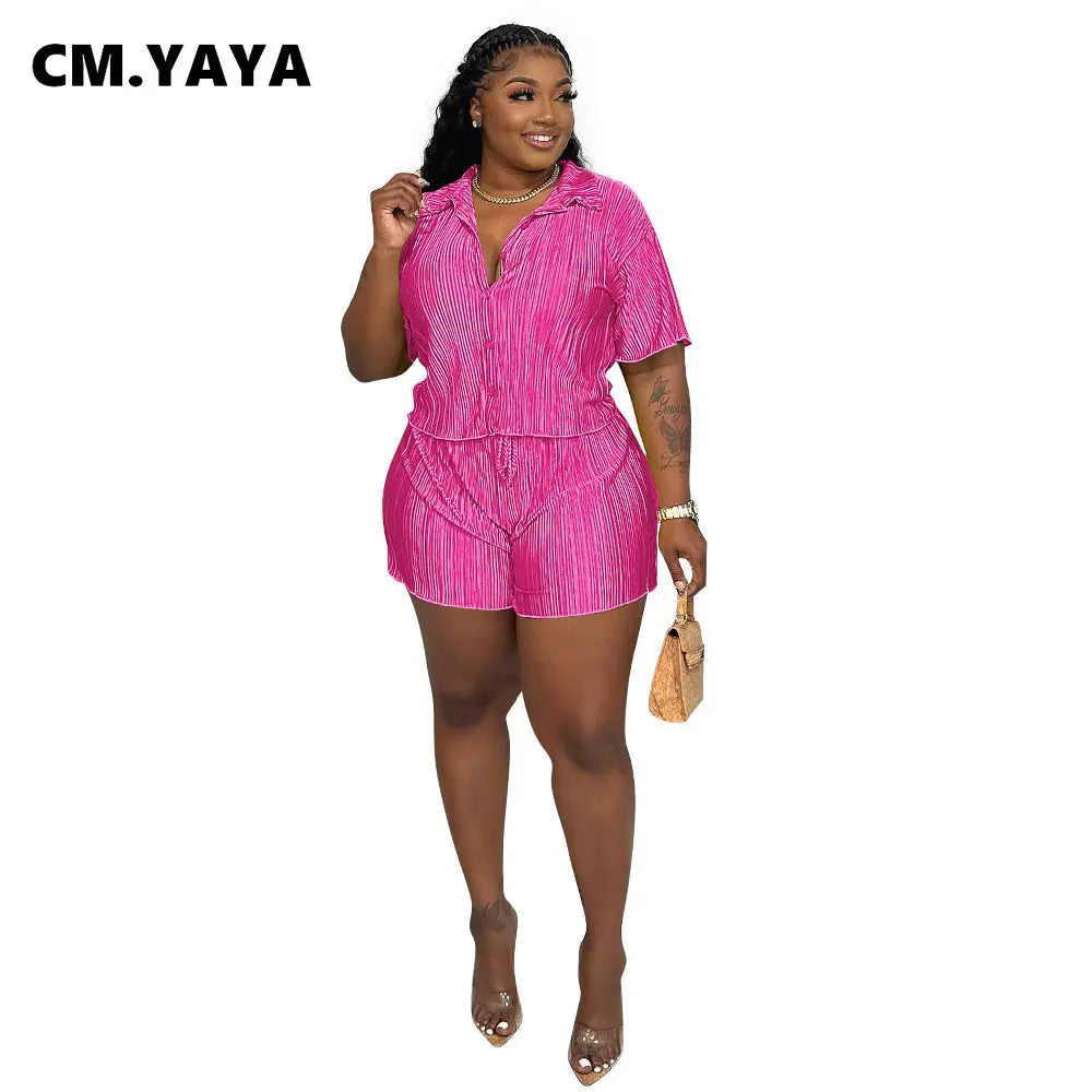 CM.YAYA Street Vintage Pleated Women's Set Short Sleeve Shirt Blouse and Shorts Suit 2023 INS Two 2 Piece Set Outfit Tracksuit