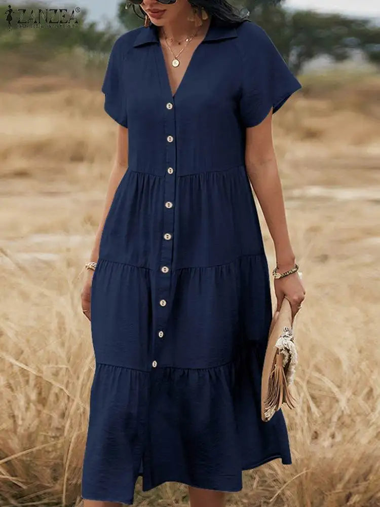 ZANZEA femmes élégantes col en V à manches courtes chemise Robe d'été Robe d'été décontracté volants Midi robes caftan boutons vers le bas Robe Femme